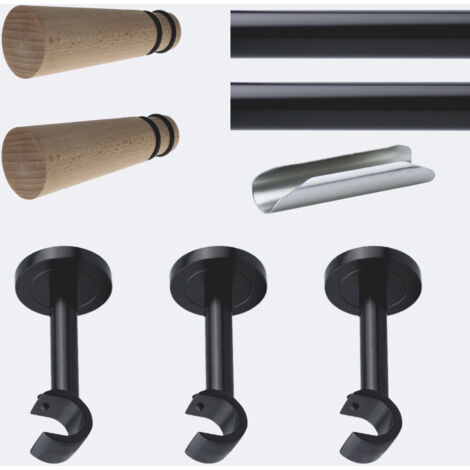 Kit de tringle à rideaux Noir Mat 300cm Diam.20mm Embout Cône Bois - Fixation Mur - Boulet (1/3)