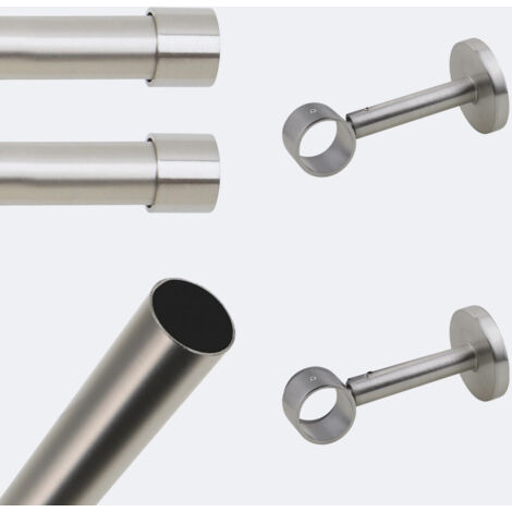Kit de tringle à rideaux Nickel Mat 150cm Diam.28mm Embout Capuchon - Fixation Mur - Boulet