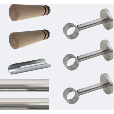 Kit de tringle à rideaux Nickel Mat 300cm Diam.28mm Embout Cône Bois - Fixation Mur - Boulet (1/3)