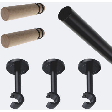 Kit de tringle à rideaux Noir Mat 250cm Diam.20mm Embout Cylindre Bois - Fixation Mur - Boulet (1/3)