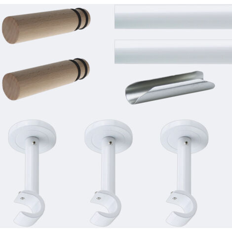 Kit de tringle à rideaux Blanc 300cm Diam.20mm Embout Cylindre Bois - Fixation Mur - Boulet (1/3)
