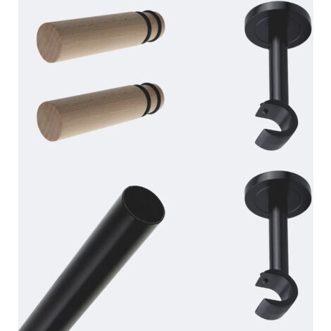 Kit de tringle à rideaux Noir Mat 150cm Diam.20mm Embout Cylindre Bois - Fixation Mur - Boulet (1/3)