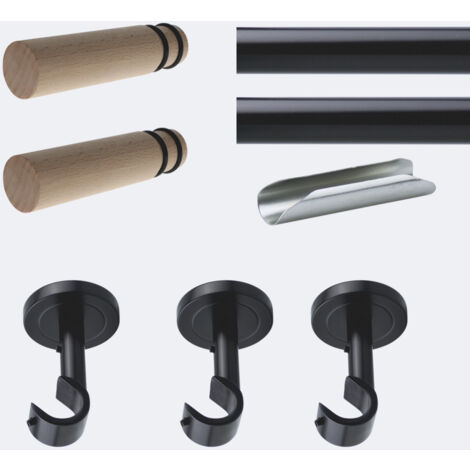 Kit de tringle à rideaux Noir Mat 300cm Diam.20mm Embout Cylindre Bois - Fixation Plafond - Boulet (1/3)