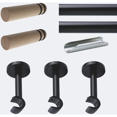Kit de tringle à rideaux Noir Mat 300cm Diam.20mm Embout Cylindre Bois - Fixation Mur - Boulet (1/3)