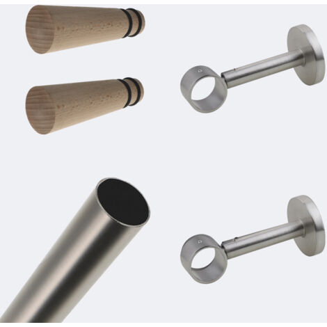 Kit de tringle à rideaux Nickel Mat 150cm Diam.28mm Embout Cône Bois - Fixation Mur - Boulet (1/3)