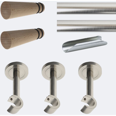 Kit de tringle à rideaux Nickel Mat 300cm Diam.20mm Embout Cône Bois - Fixation Mur - Boulet (1/3)