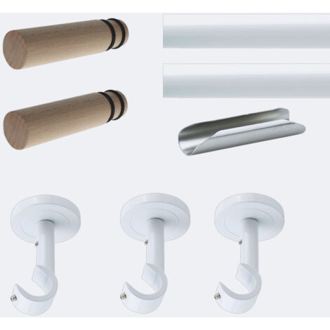 Kit de tringle à rideaux Blanc 300cm Diam.20mm Embout Cylindre Bois - Fixation Plafond - Boulet (1/3)