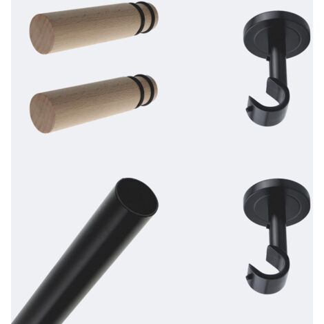 Kit de tringle à rideaux Noir Mat 150cm Diam.20mm Embout Cylindre Bois - Fixation Plafond - Boulet (1/3)