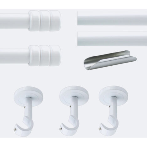Kit de tringle à rideaux Blanc 300cm Diam.20mm Embout Cylindre 2ST - Fixation Plafond - Boulet (1/3)