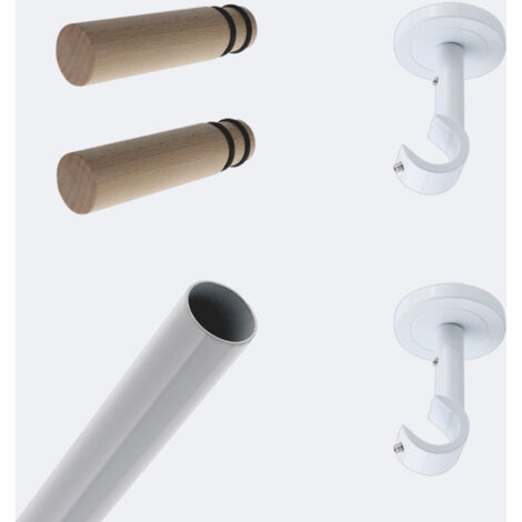Kit de tringle à rideaux Blanc 200cm Diam.20mm Embout Cylindre Droit Bois - Fixation Plafond - Boulet (1/3)