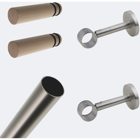 Kit de tringle à rideaux Nickel Mat 150cm Diam.28mm Embout Cylindre Bois - Fixation Mur - Boulet (1/3)
