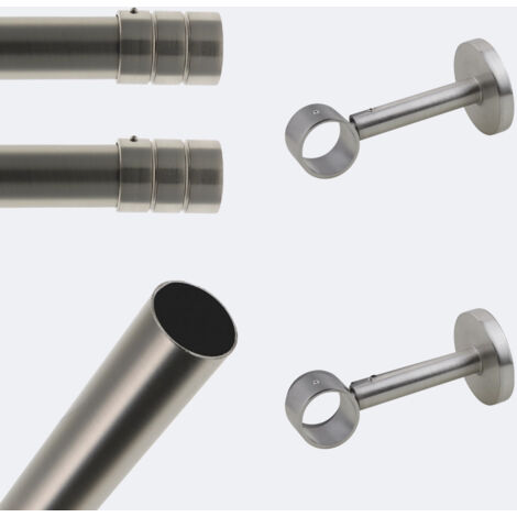 Kit de tringle à rideaux Nickel Mat 150cm Diam.28mm Embout Cylindre - Fixation Mur - Boulet (1/3)