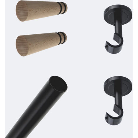 Kit de tringle à rideaux Noir Mat 200cm Diam.20mm Embout Cône Bois - Fixation Plafond - Boulet (1/3)