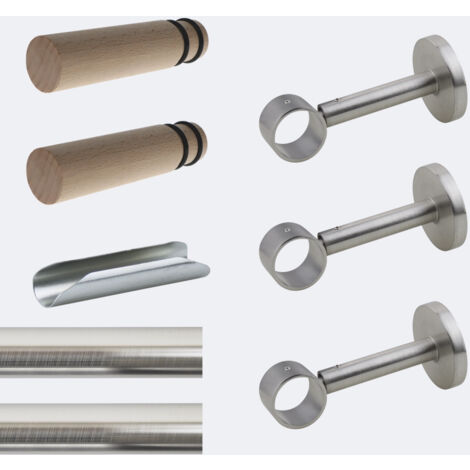 Kit de tringle à rideaux Nickel Mat 300cm Diam.28mm Embout Cylindre Bois - Fixation Mur - Boulet (1/3)