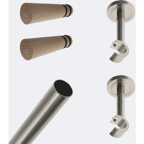 Kit de tringle à rideaux Nickel Mat 200cm Diam.20mm Embout Cône Bois - Fixation Mur - Boulet (1/3)