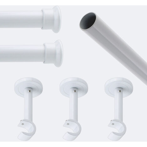 Kit de tringle à rideaux Blanc 250cm Diam.20mm Embout Chapeau - Fixation Mur - Boulet (1/3)