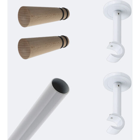 Kit de tringle à rideaux Blanc 150cm Diam.20mm Embout Cône Bois - Fixation Mur - Boulet (1/3)