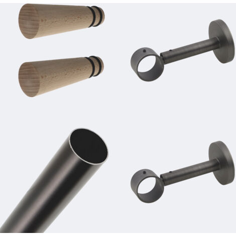 Kit de tringle à rideaux Carbone 150cm Diam.28mm Embout Cône Bois - Fixation Mur - Boulet (1/3)