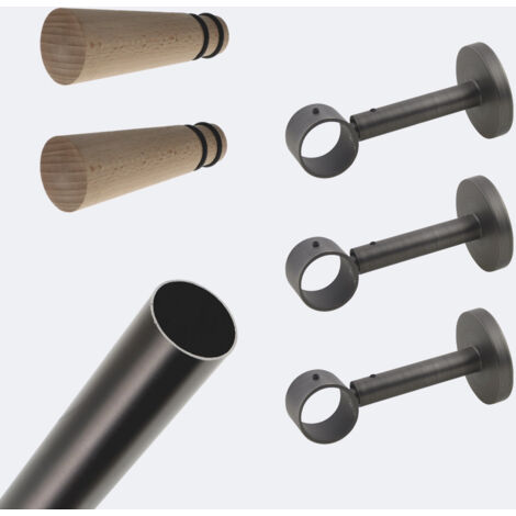 Kit de tringle à rideaux Carbone 250cm Diam.28mm Embout Cône Bois - Fixation Mur - Boulet (1/3)