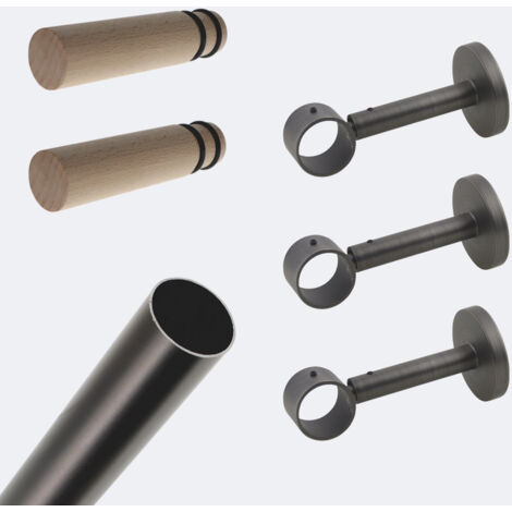 Kit de tringle à rideaux Carbone 250cm Diam.28mm Embout Cylindre Bois - Fixation Mur - Boulet (1/3)