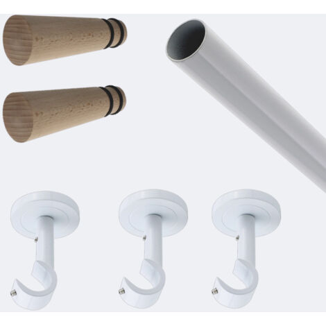 Kit de tringle à rideaux Blanc 250cm Diam.20mm Embout Cône Bois - Fixation Plafond - Boulet (1/3)