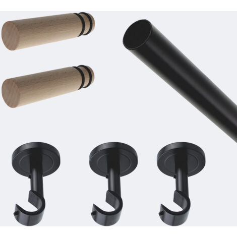 Kit de tringle à rideaux Noir Mat 250cm Diam.20mm Embout Cylindre Bois - Fixation Plafond - Boulet (1/3)