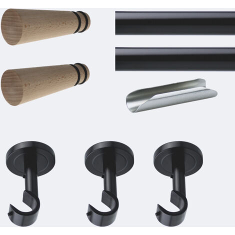 Kit de tringle à rideaux Noir Mat 300cm Diam.20mm Embout Cône Bois - Fixation Plafond - Boulet (1/3)