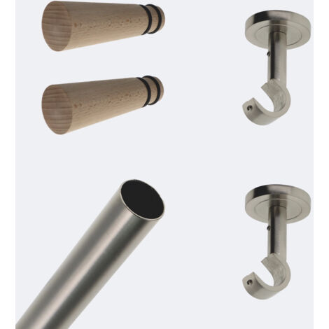 Kit de tringle à rideaux Nickel Mat 200cm Diam.20mm Embout Cône Bois - Fixation Plafond - Boulet (1/3)