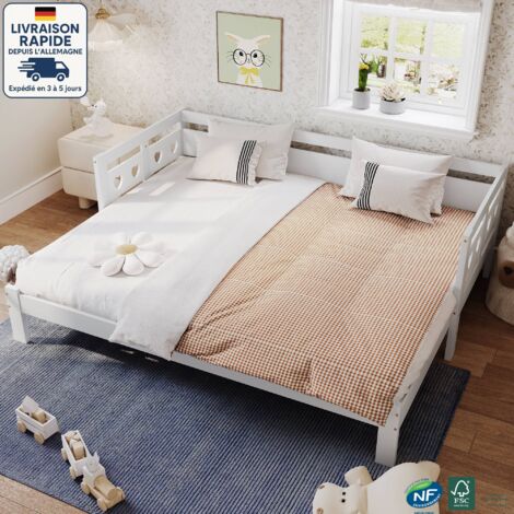 Modfu – Lit gigogne 90/180x190 cm – Canapé-lit en pin massif blanc – Sommier à lattes – Espace de rangement 17,6 cm