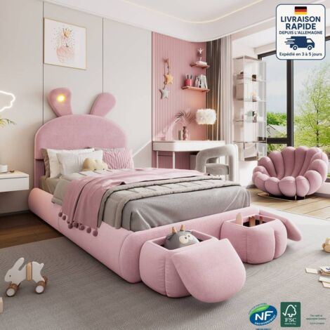 Modfu – Lit simple enfant 90x200cm – Tête de lit lapin avec LED – 2 tabourets rangement – Velours rose – Structure robuste en métal et bois