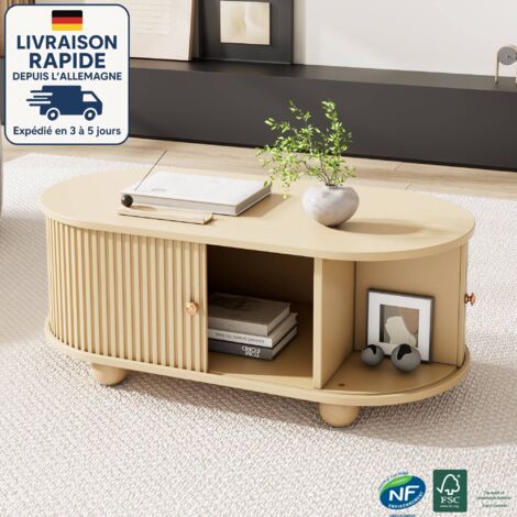 Tables basses fixes 100x50x40cm table de salon, porte coulissante, MDF, naturel (1/5)