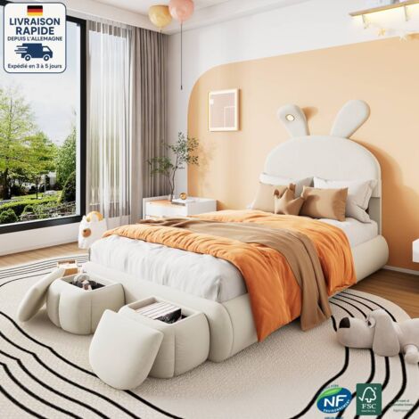Modfu – Lit coffre simple pour enfants 90x200 cm – Tête de lit lapin avec LED – 2 tabourets de rangement – Velours beige – Structure métal et bois
