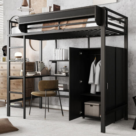Lit mezzanine 90 x 200 cm, Lit simples pour adultes/enfants, avec bureau, armoire, étagères, métal et aggloméré, sans matelas, noir (1/5)