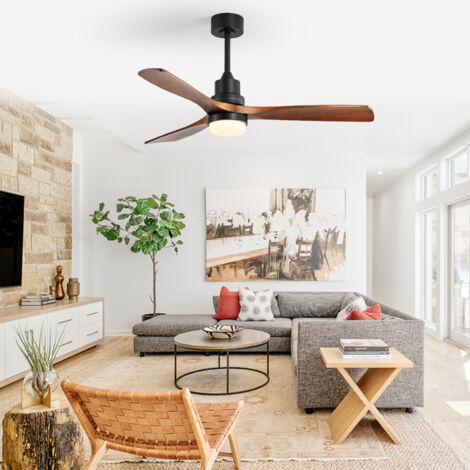 Ventilateur de plafond avec télécommande, 132 x 132 x 52 cm, avec éclairage, moteur CC, métal et bois, noir et marron (1/5)