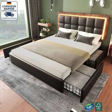 Lit coffre 140x200 cm avec 4 tiroirs, lit double pour adultes/enfants, tête de lit réglable en hauteur, LED, PU, sans matelas, noir (1/5)