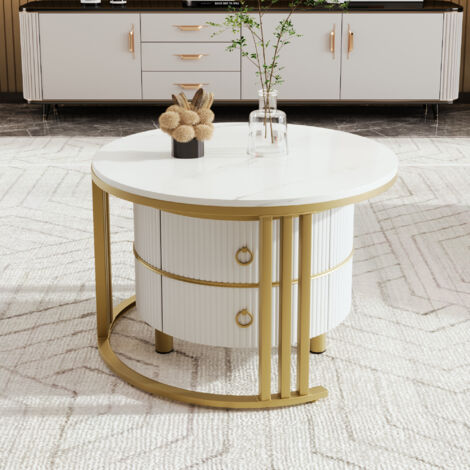 Tavolino 2 In 1 Rotondo In MDF - 70x70x46 Cm + 50x50x40 Cm - Piano Lucido E Effetto Marmo Bianco, Con 2 Cassetti - Gambe Dorate/Nero - 2