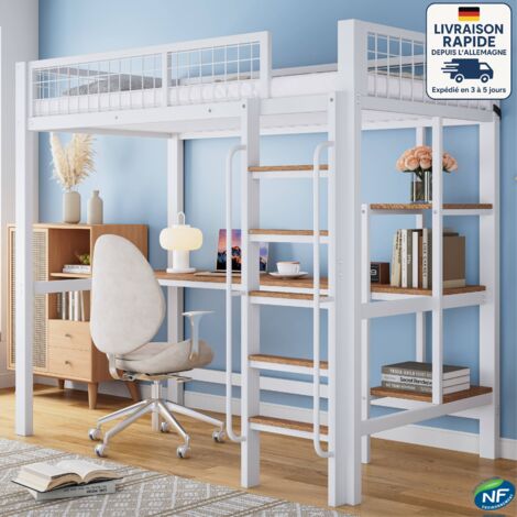 Lit mezzanine 90 x 200 cm, Lit simples pour adultes/enfants, avec bureau et étagère, métal et MDF, sans matelas, blanc et naturel (1/5)