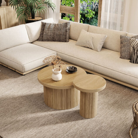 Tables basses gigognes 66 x 66 x 40 cm (40 x 40 x 46 cm), table basse ronde, veinage du bois, MDF, naturel (1/5)