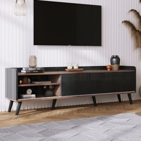 Meuble TV 160x40x58cm avec 2 tiroirs et 2 portes coulissantes, adapté pour TV 50", aggloméré, noir + marron (1/5)