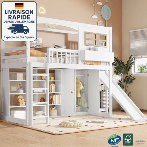 Modfu – Lit mezzanine enfant 90x200 cm avec toboggan – Armoire et étagères intégrées – MDF et pin blanc – Charge utile 150 kg