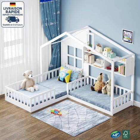 Modfu – Lit cabane enfant 90x200cm et 140x70cm – Avec étagères ouvertes – Barrières de sécurité – Bois massif – Capacité 120 kg
