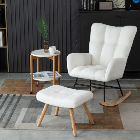 Chaise à bascule, rocking chair fauteuil, avec repose-pieds, tissu Teddy, charge maximale 110 kg, blanc (1/5)