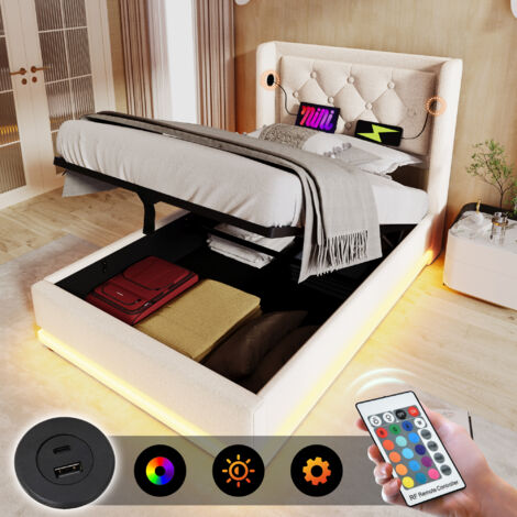 Lit coffre 90x200cm, lit simple adulte/enfant, USB, LED, sans matelas, coton, beige (1/5)