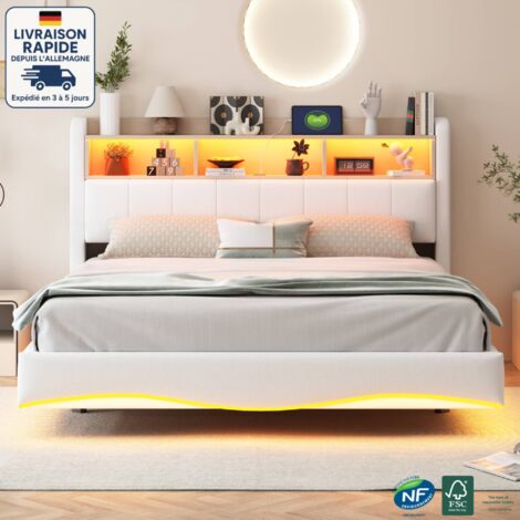 Lit double adulte, tissu lin, tête de lit avec rangement ouvert, LED, USB, sans matelas, beige, 160x200cm (1/5)