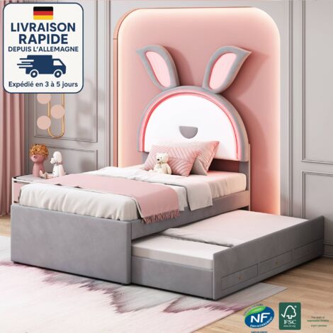 Lit avec tiroirs 90x200 cm, velours, forme dessin animé, lit enfant avec lit gigogne 90x190 cm, 3 tiroirs, sans matelas, gris