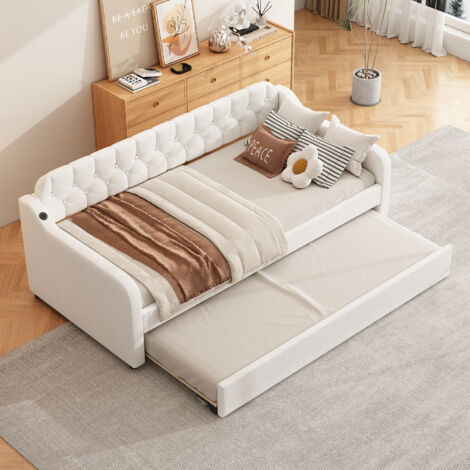 Canapé-lit 2 Places 90x200 Cm Avec Lit Gigogne 90x190 - Éclairage LED, Rangements, Prises USB - Gris Clair