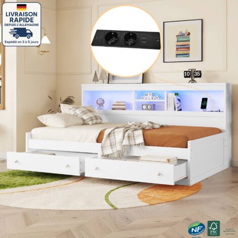 Lit avec tiroirs 90x200cm, panneaux de particules blanc, lit enfant, canapé-lit avec 2 tiroirs, avec compartiment de rangement ouvert, USB, sans matelas (1/5)