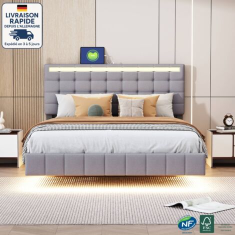 Lit adulte 140x200cm, lin, LED, lit double, sommier à lattes, sans matelas, gris (1/5)