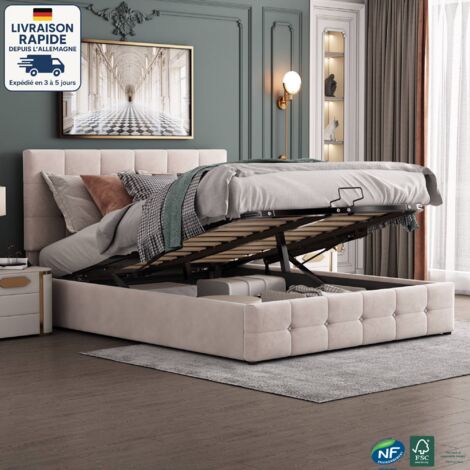 Lit coffre 140x200cm, tête de lit réglable en hauteur, lit adulte, velours, lit double sans matelas, blanc cassé (1/5)