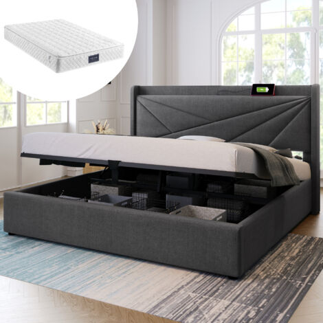 Lit coffre, lin, matelas inclus, lit adulte avec USB et Type-C, sommier à lattes, lit double, gris, 160x200cm (1/5)